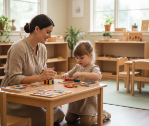 Montessori teacher guiding student through hands-on activity at Montessori Reggio Academy Katy campus.