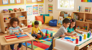 Happy children learning in a Katy preschool classroom with engaged teachers