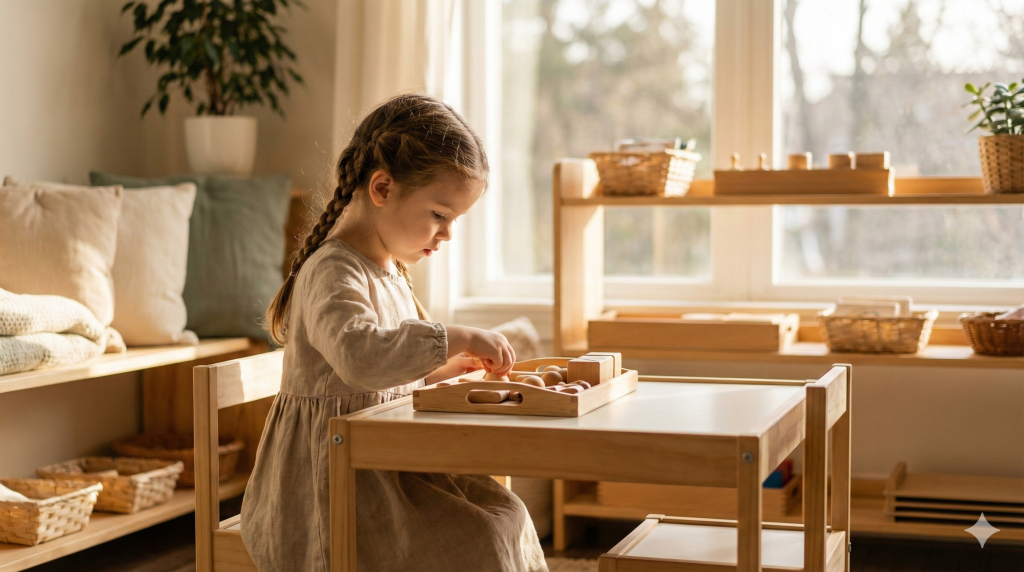 A young child working independently with Montessori materials in a bright, organized primary classroom at Montessori Reggio Academy in Katy
