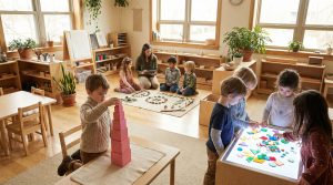 Children engaged in self-directed learning across Montessori, Reggio Emilia, and Cambridge-inspired activities in an integrated classroom at Montessori Reggio Academy